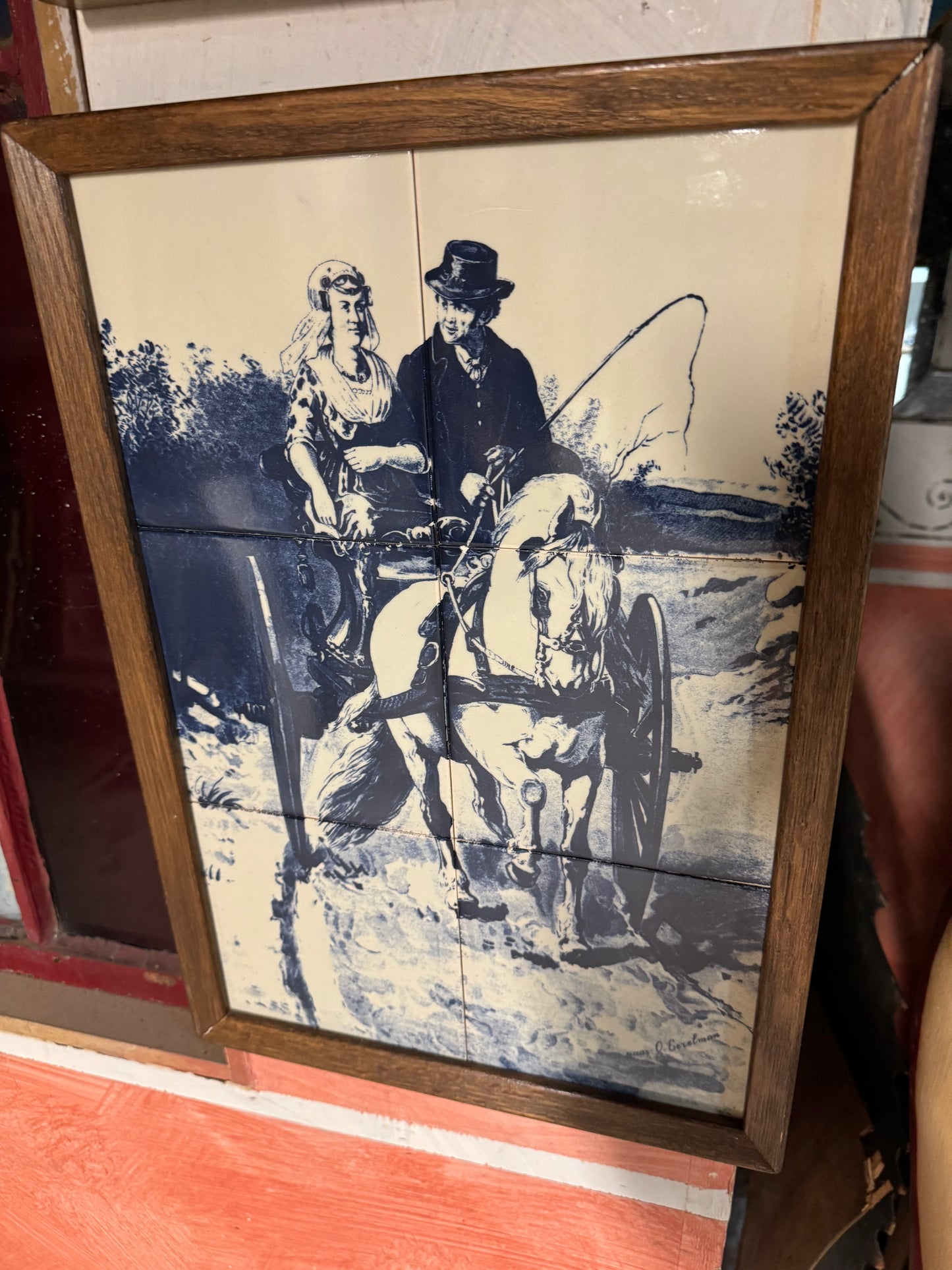 Vintage delft pottery blue white tiles farm landscape scene