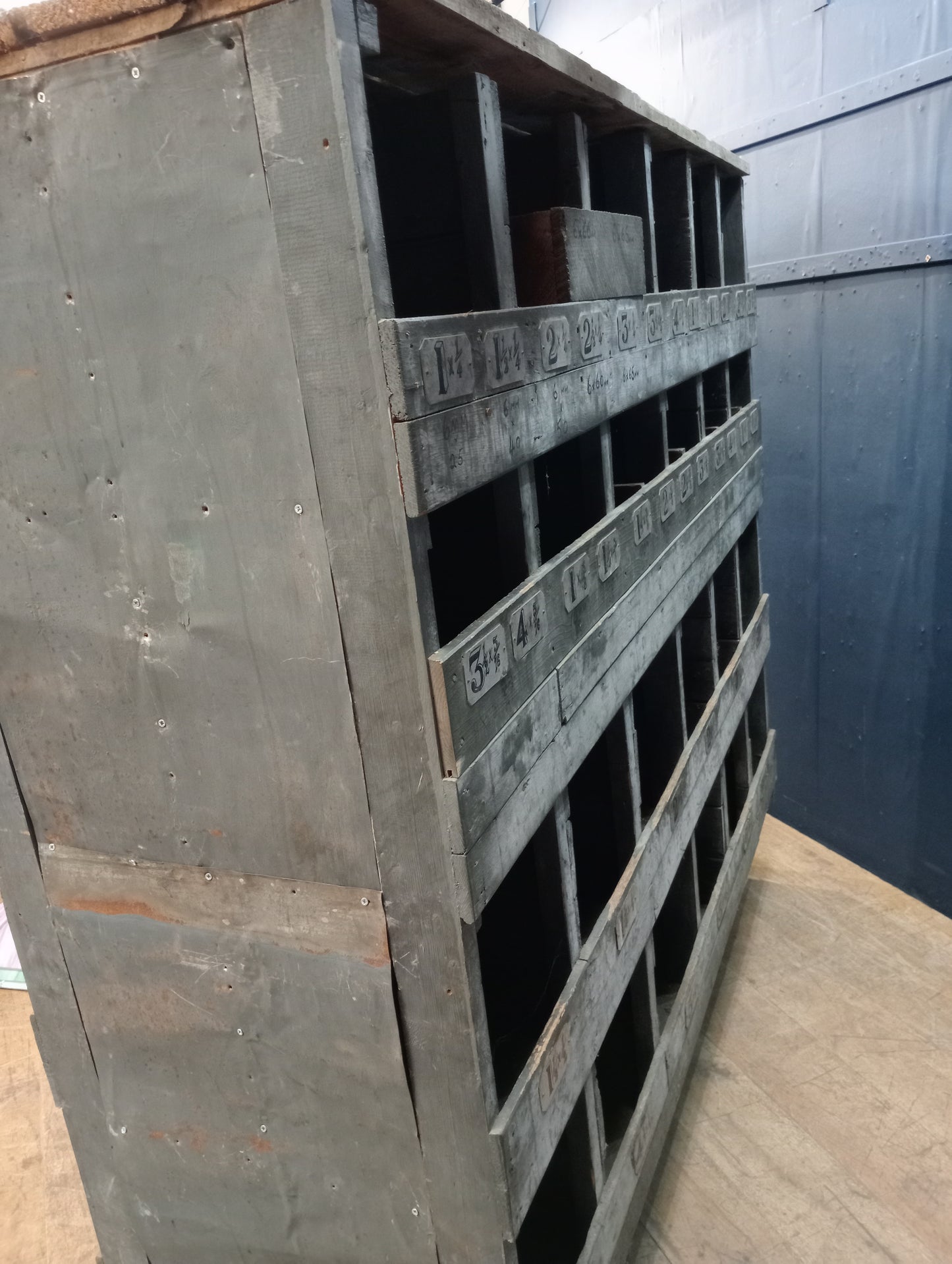 Vintage wooden double sided industrial pigeon hole storage unit