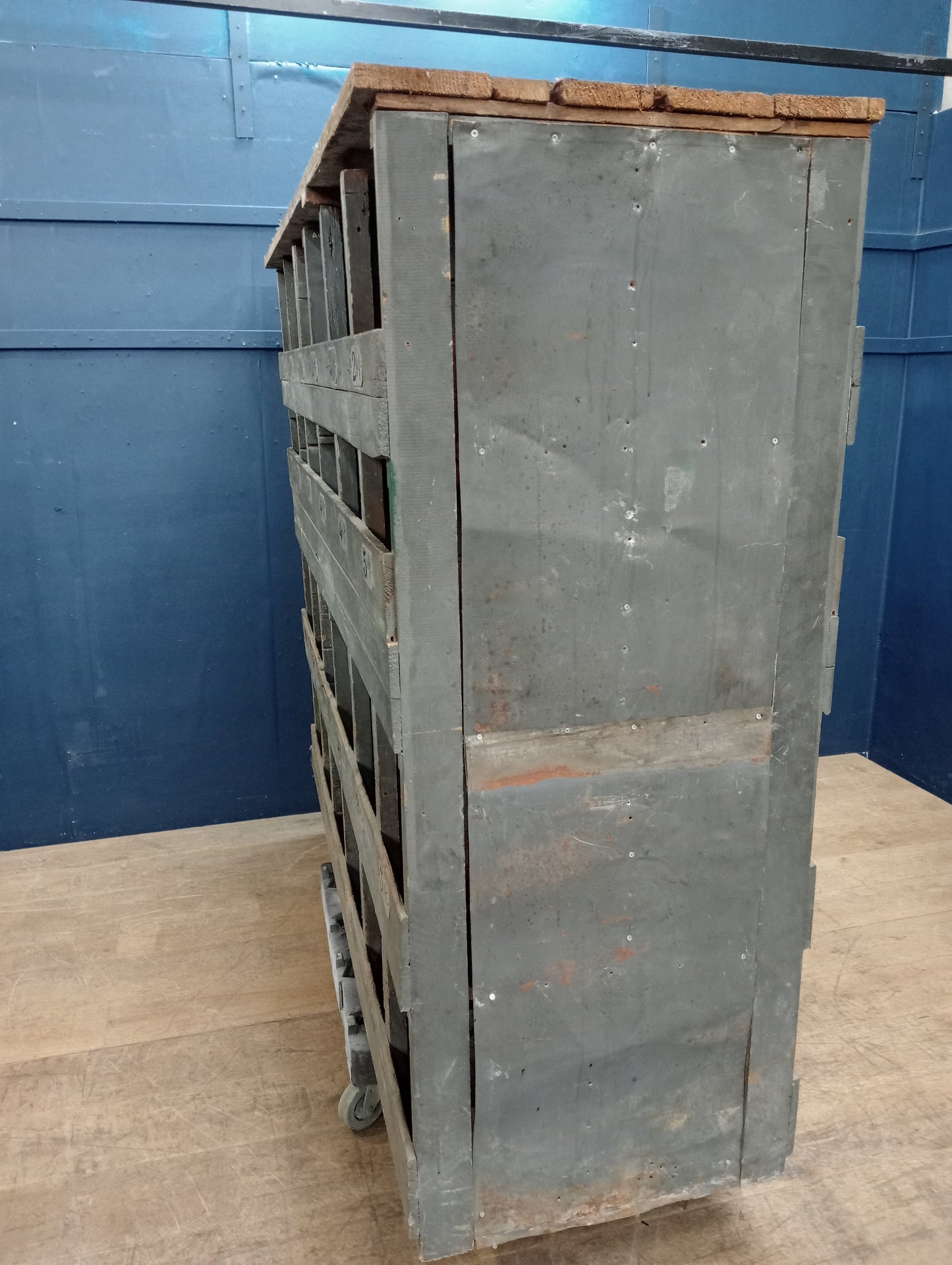 Vintage wooden double sided industrial pigeon hole storage unit
