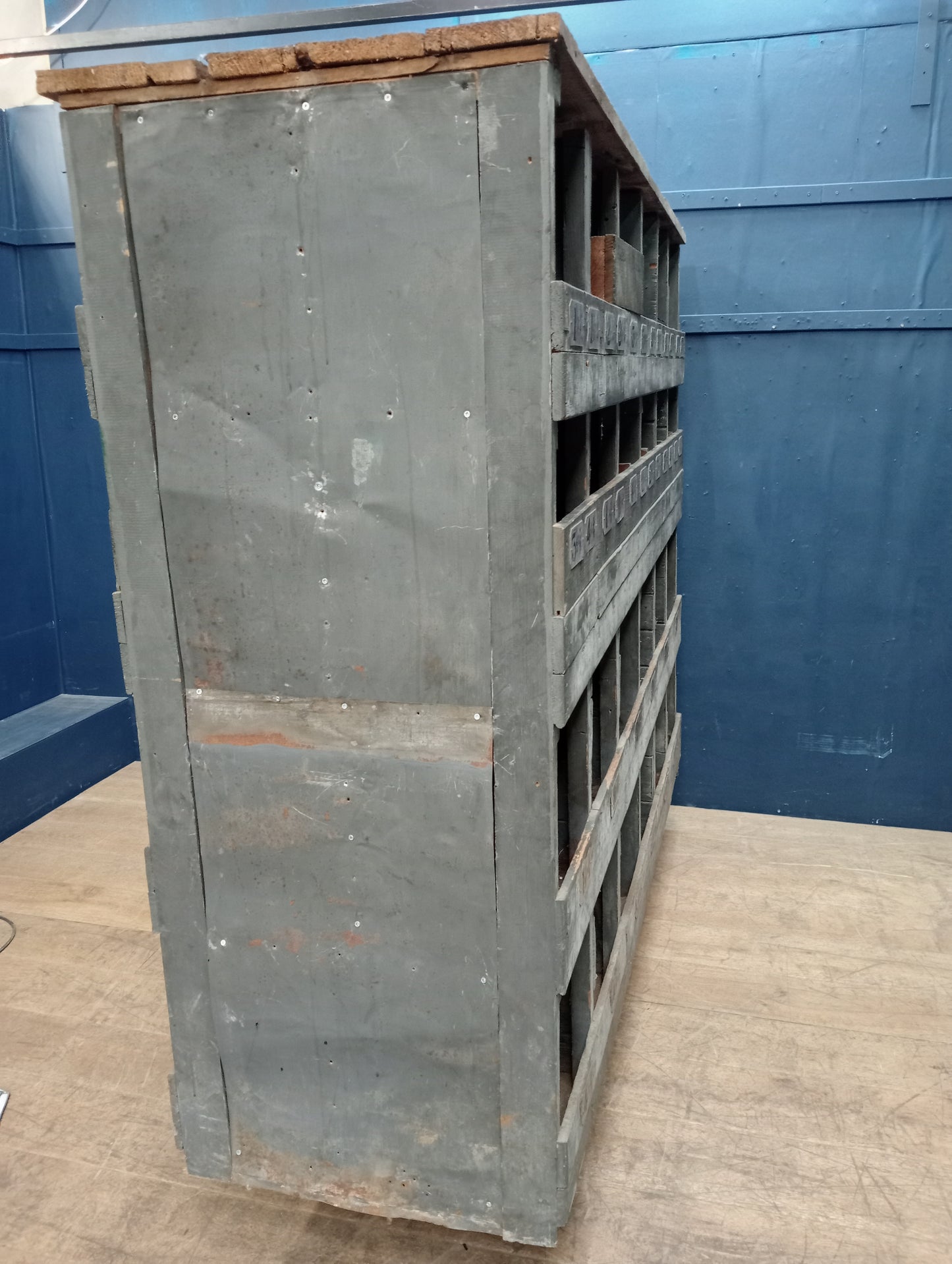 Vintage wooden double sided industrial pigeon hole storage unit