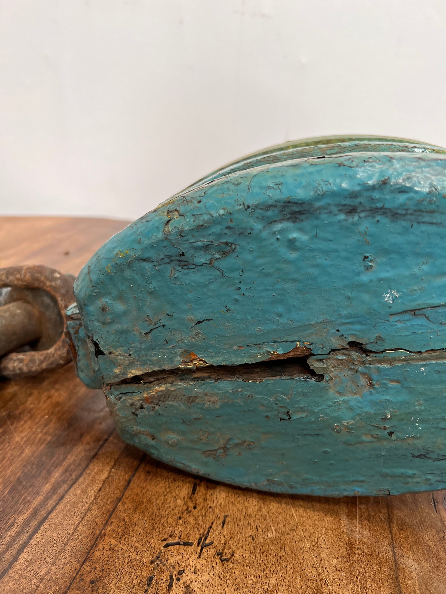 Vintage wooden pulley with primitive block and tackle