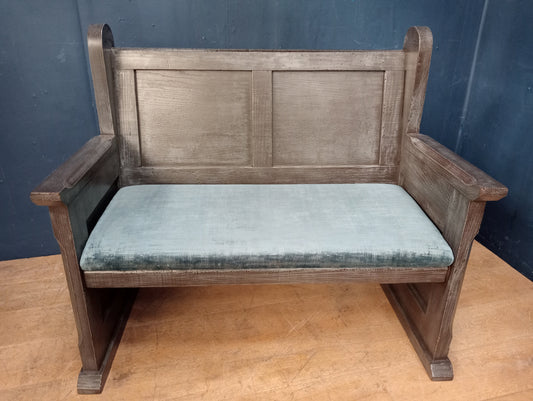 Wooden irish settle bench blue velvet