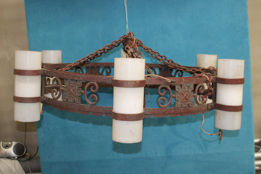 Wrought iron hanging chandelier with opaline glass shades in the gotic style