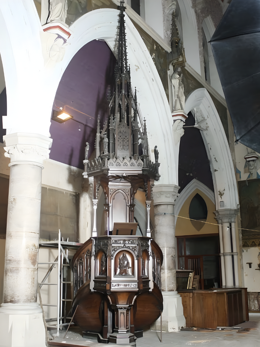 19th C neo gothic tall carved oak pulpit