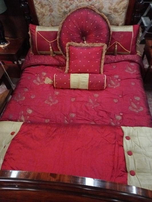 100% Silk red gold Princessa bedspread  consisting of throw, 2 pillows  round cushion and bolster