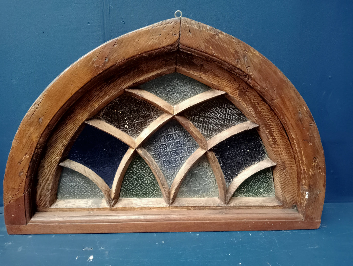 18th C. Arched Cottage fanlight with coloured glass and curved  lattice bars