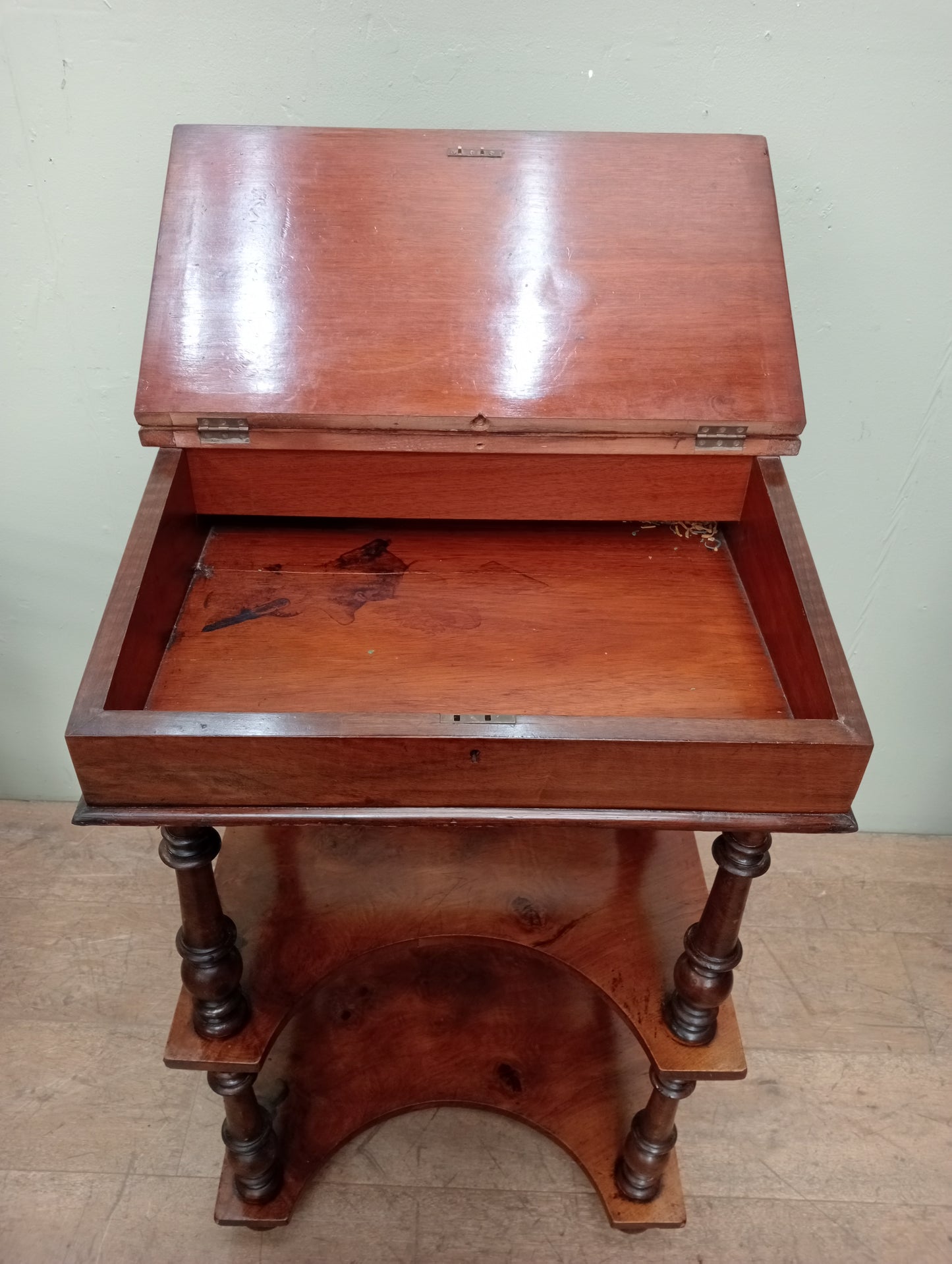 19th C Davanport desk with brass rail with brown leather