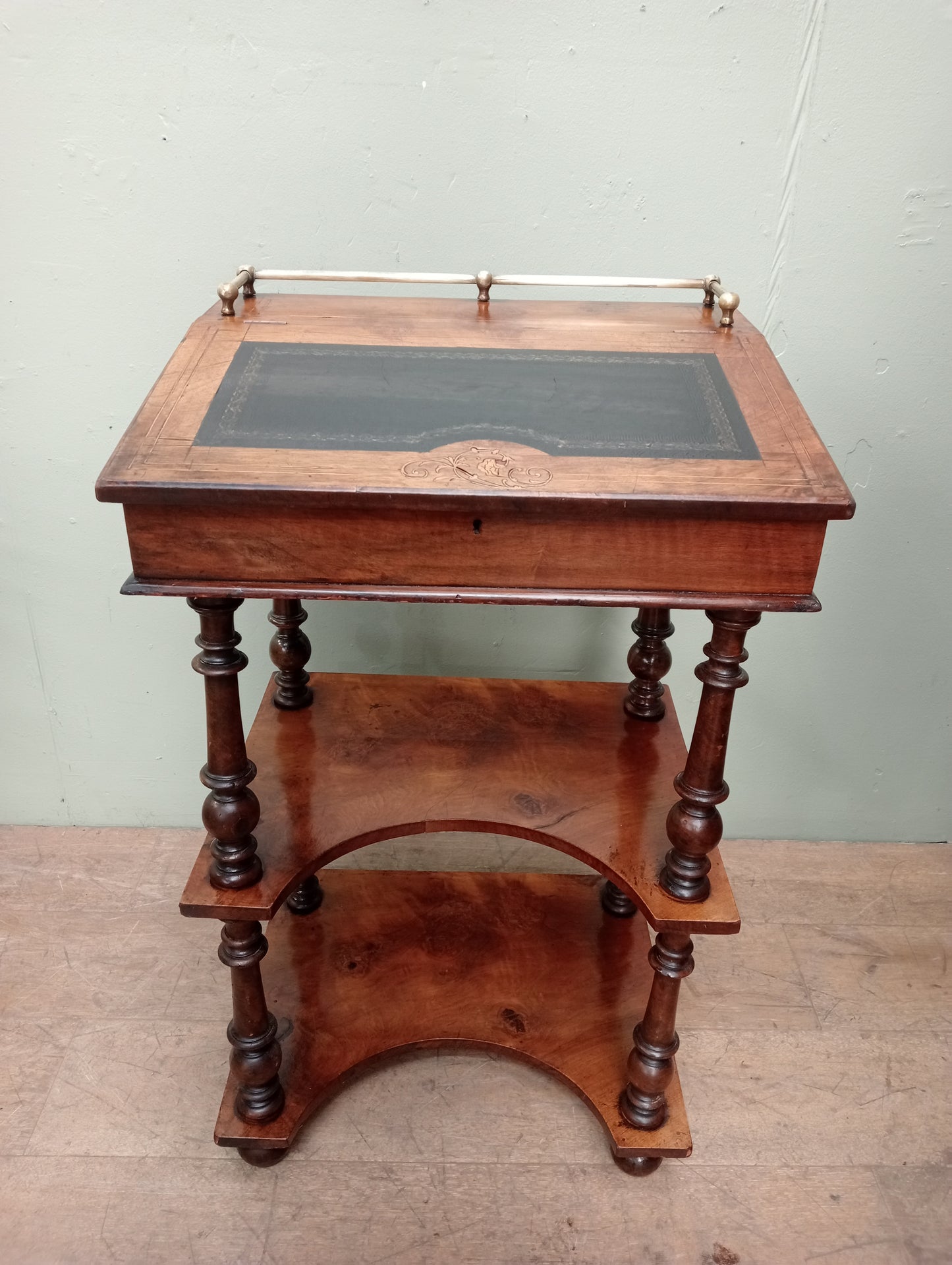 19th C Davanport desk with brass rail with brown leather