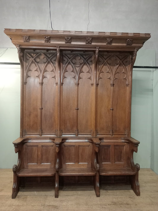 19th C Oak 3 seater hall bench -pew in gothic style - choir seats choir sedila church pew in 2 parts