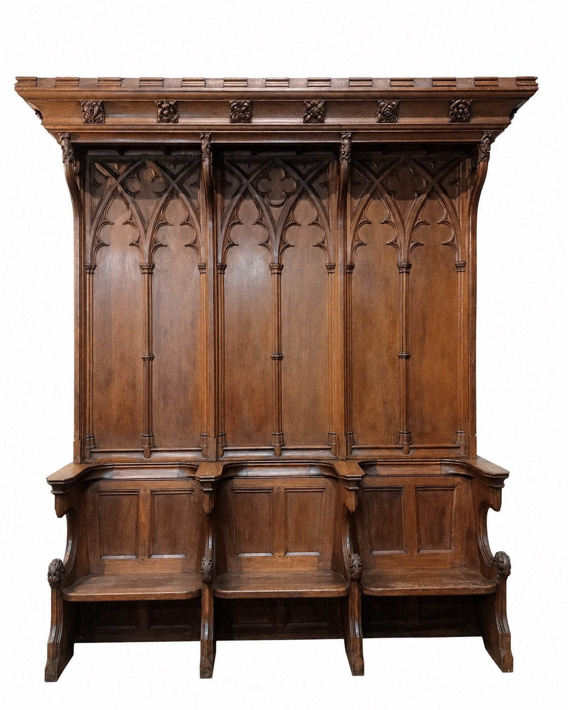 19th Century Gothic Revival Oak Three-Seater Hall Bench / Pew