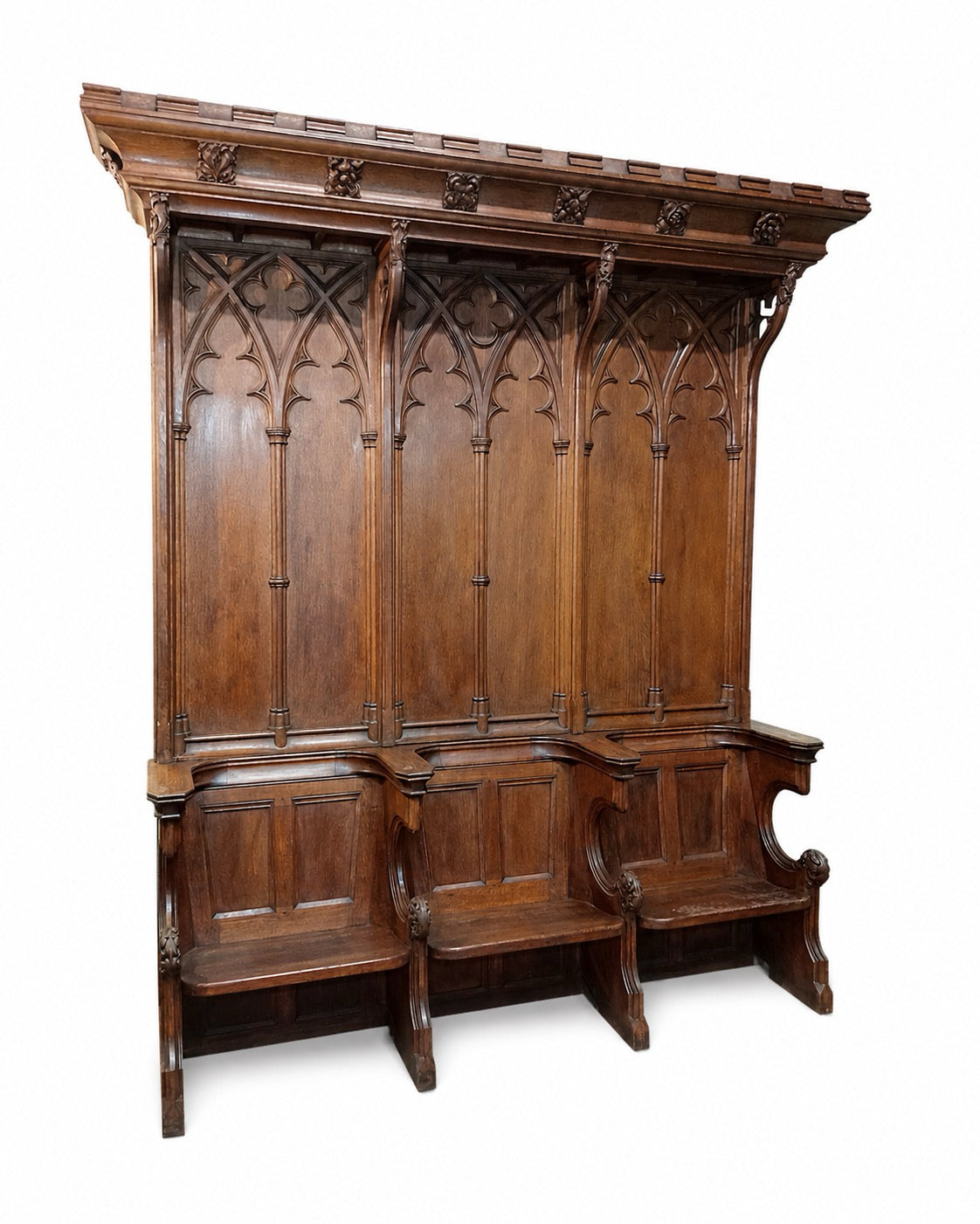 19th Century Gothic Revival Oak Three-Seater Hall Bench / Pew