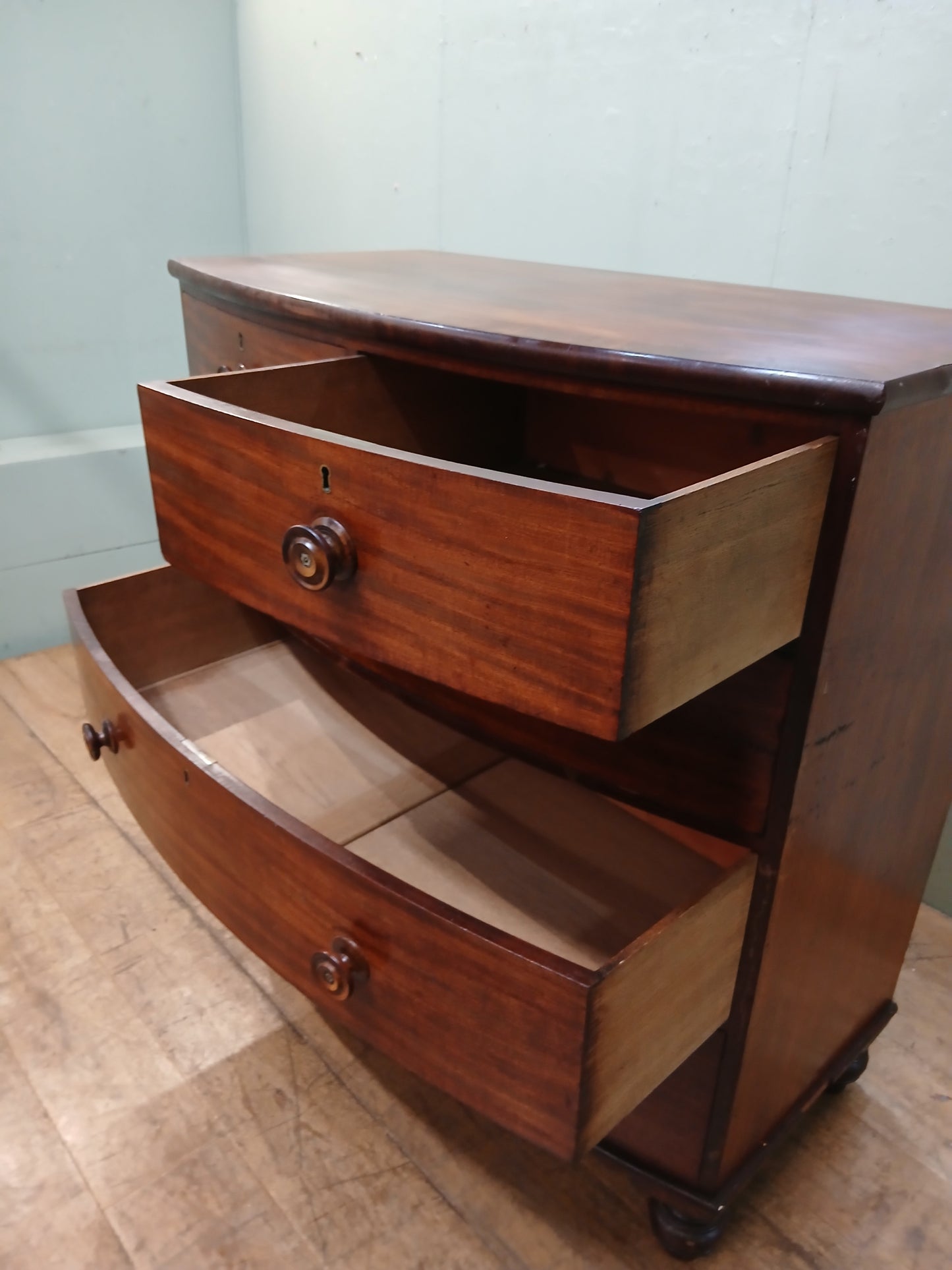 2 over 3 Georgian mahogany bowfront chest of drawers