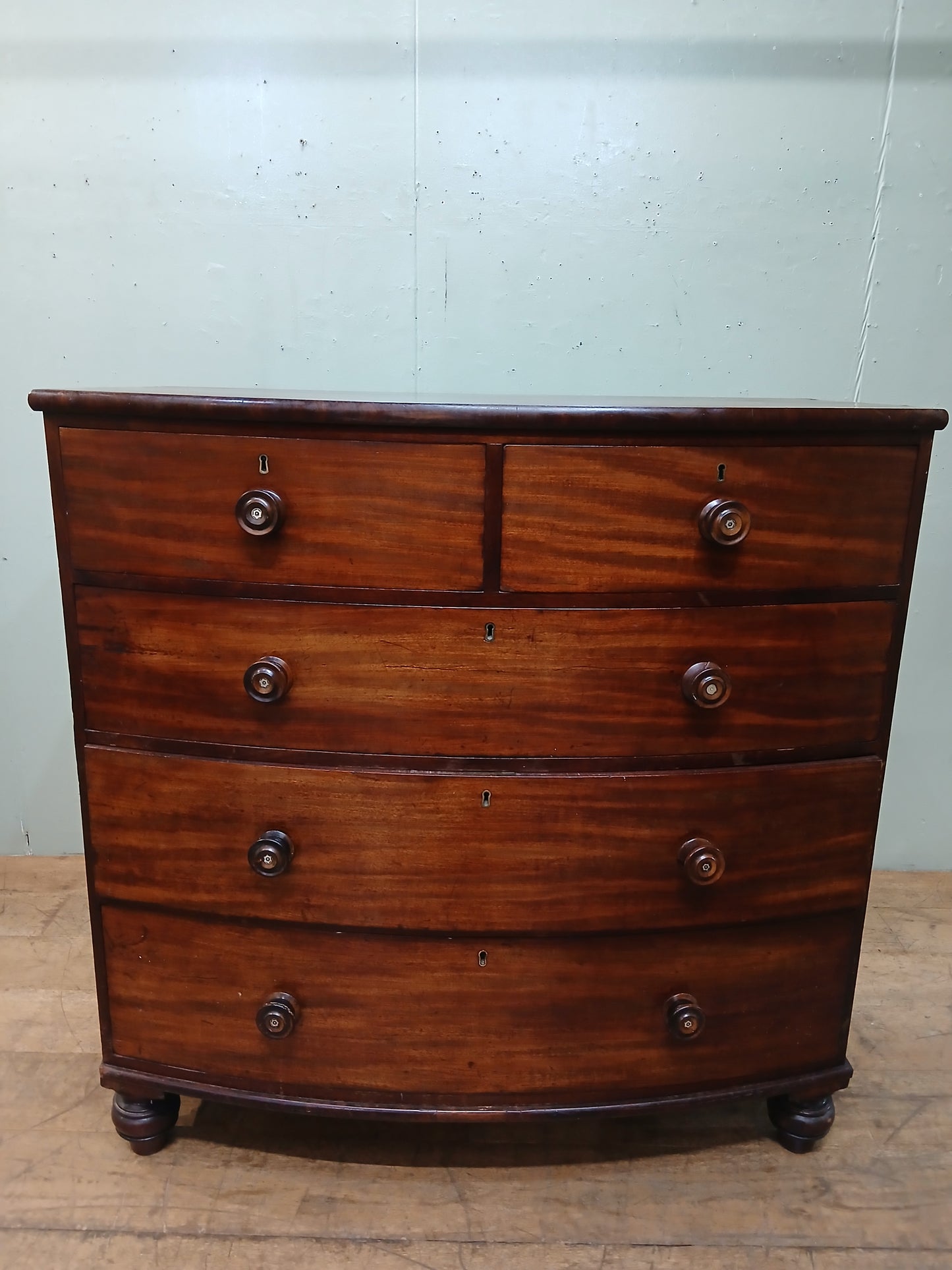 2 over 3 Georgian mahogany bowfront chest of drawers