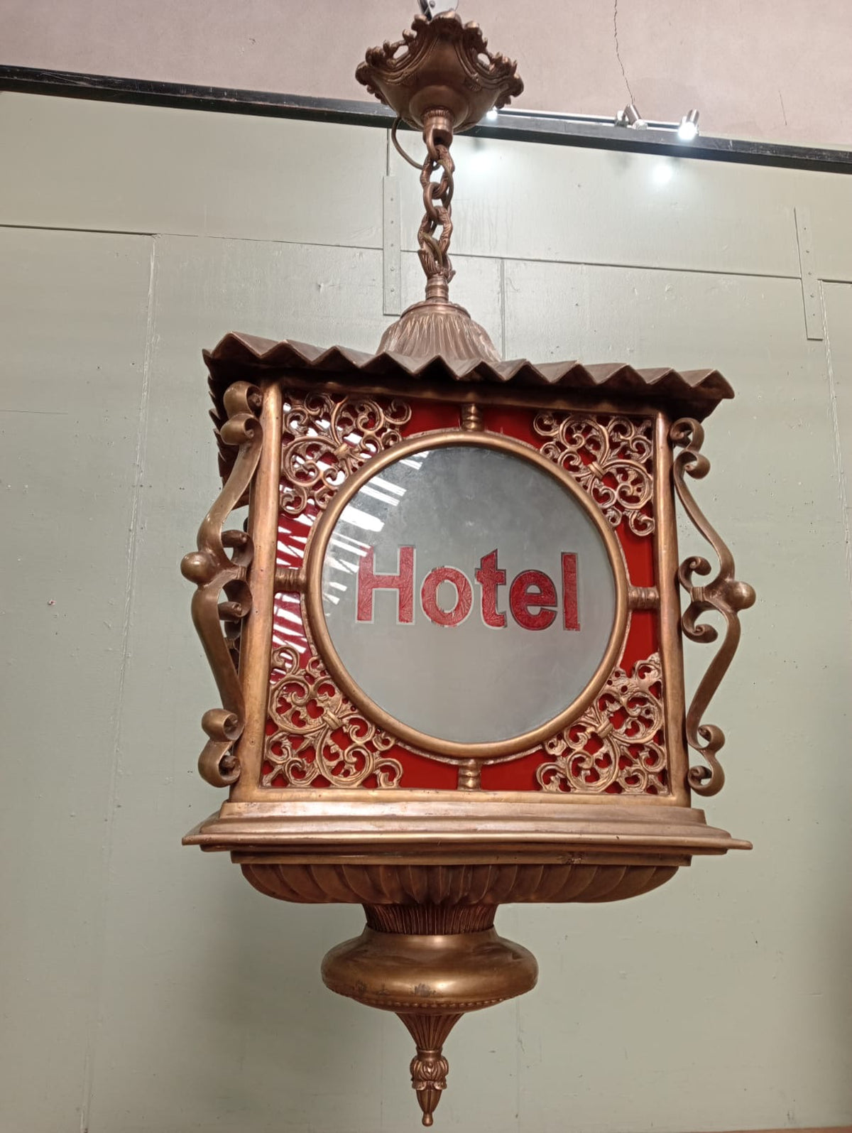 Solid Bronze Four-Sided Hotel Lantern with Ornate Filigree Detail