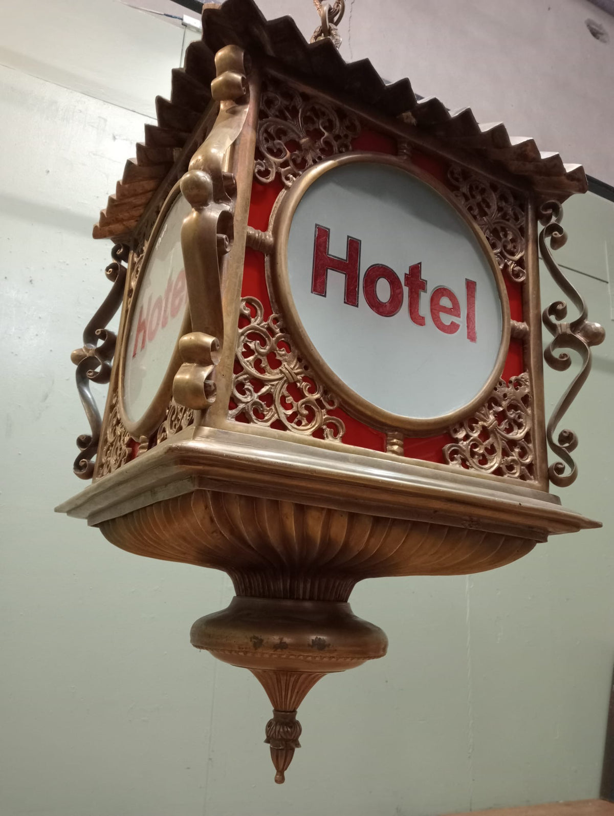 Solid Bronze Four-Sided Hotel Lantern with Ornate Filigree Detail