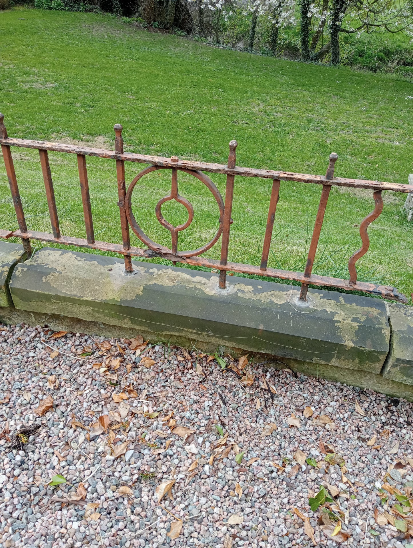 6.3 metre-21 foot run of patio blacksmith wrought iron on sandstone base railings