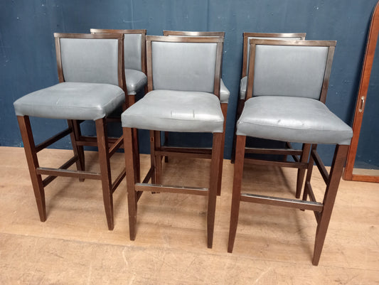 6 blue leather wooden high stools with chrome footrest