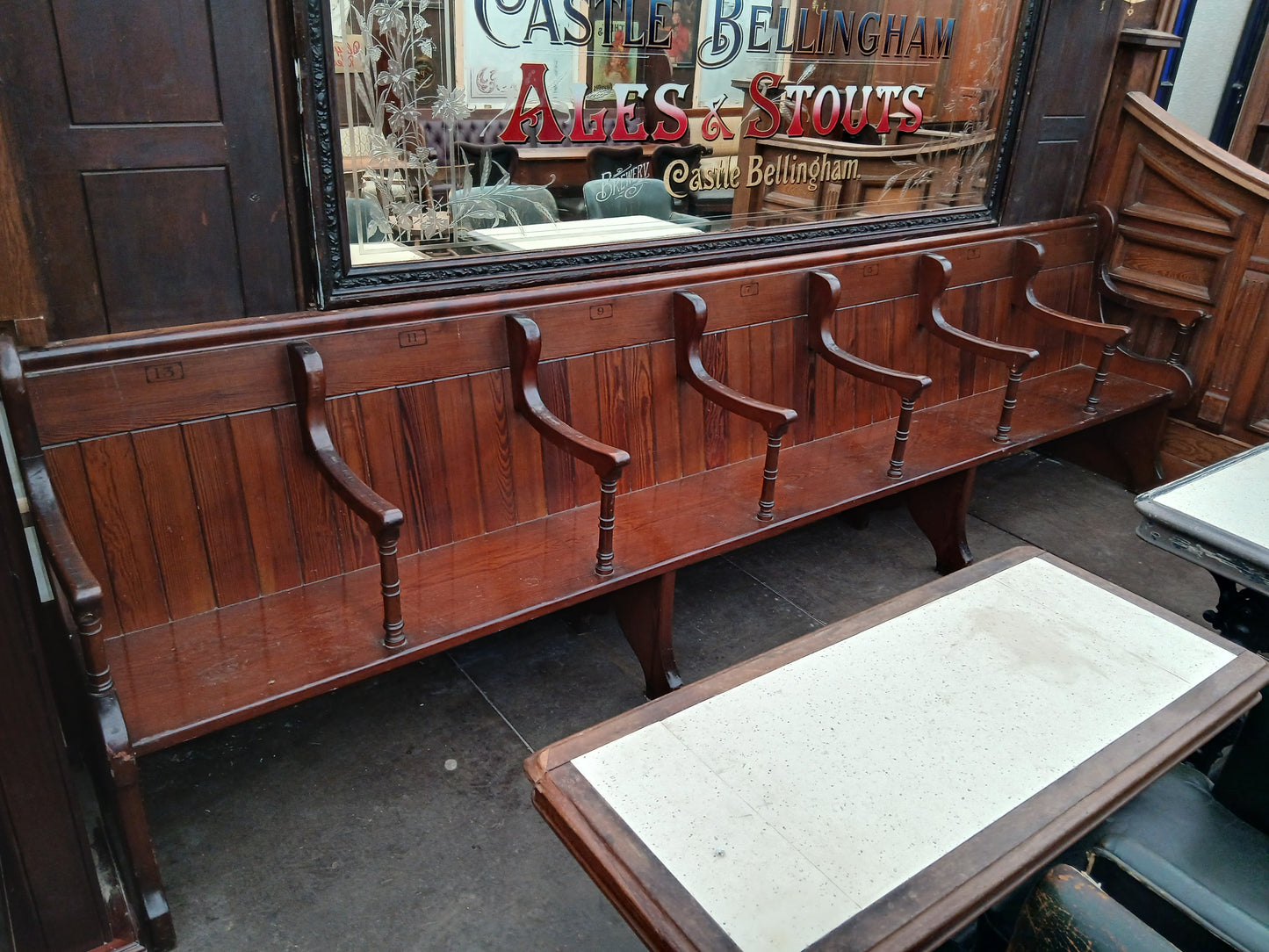 7 seater pitch pine bench with arms