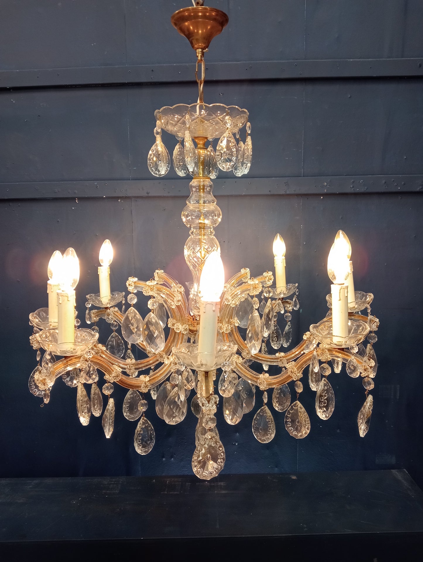 8 branch brass and crystal chandelier