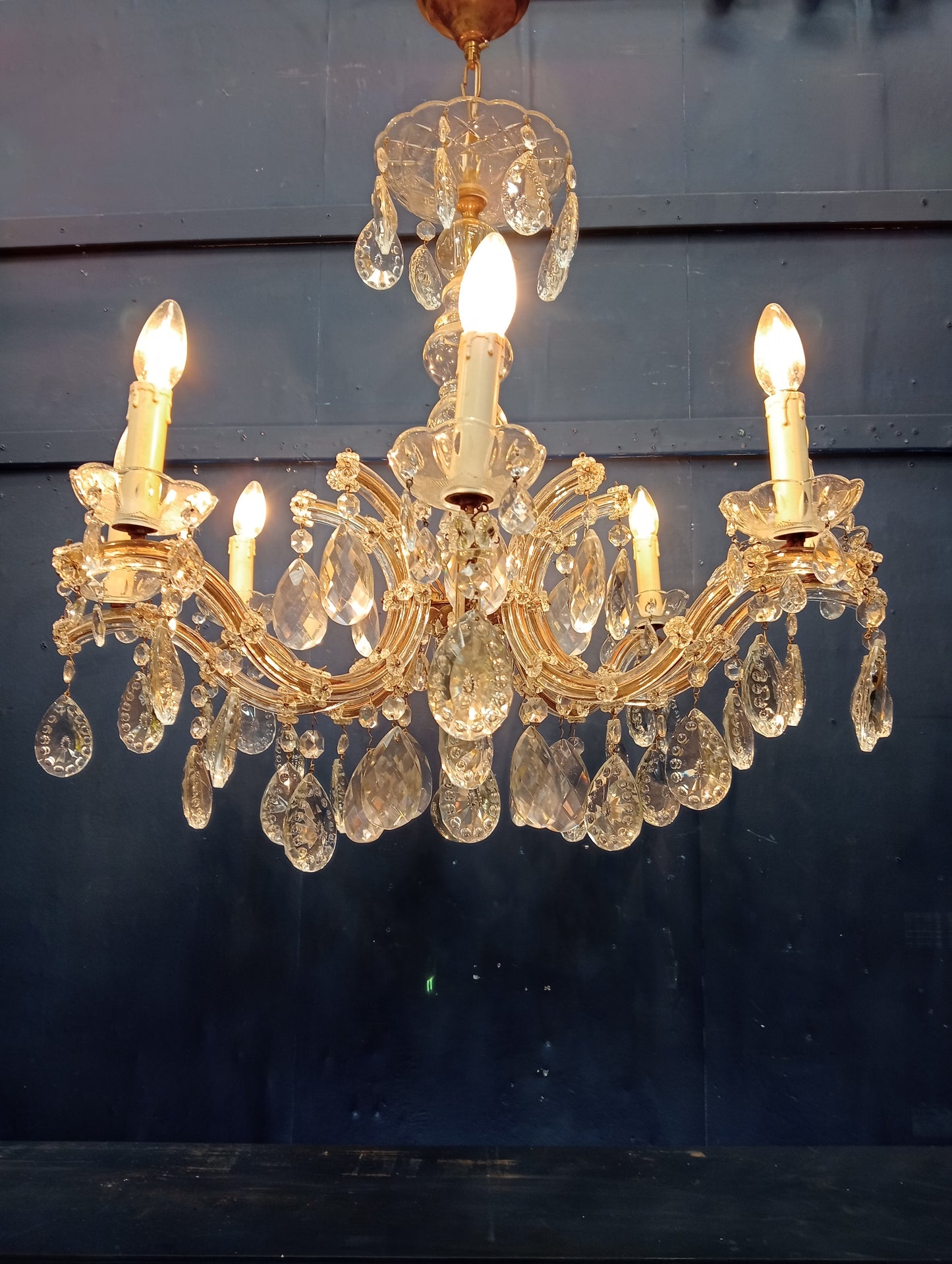 8 branch brass and crystal chandelier