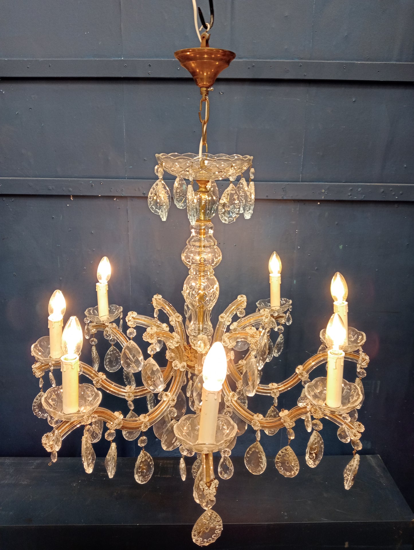 8 branch brass and crystal chandelier