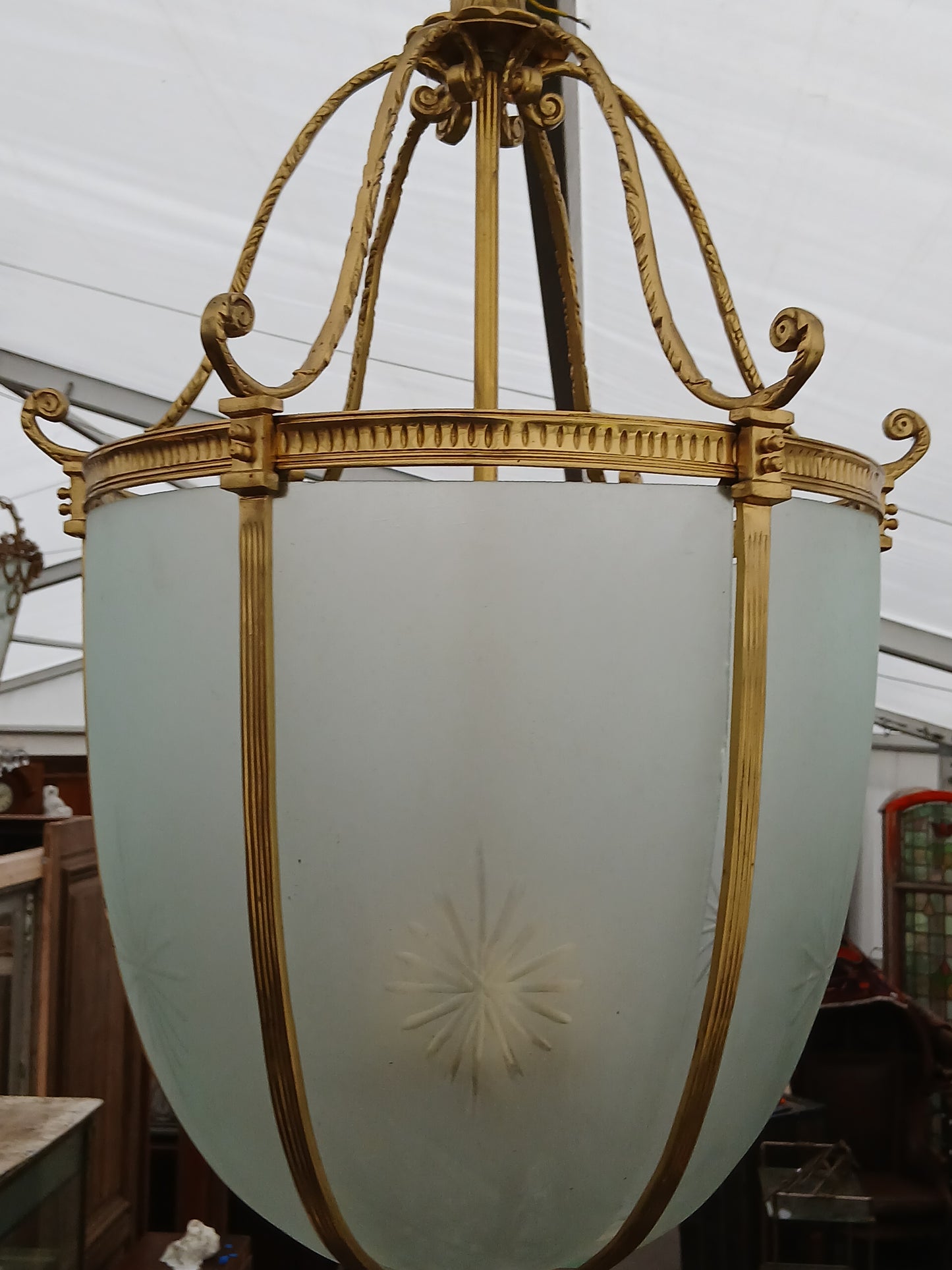 Antique French brass lantern with etched glass