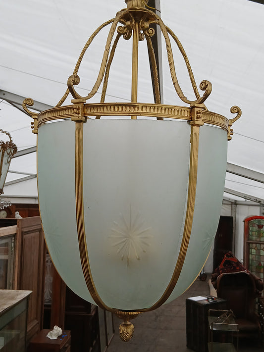 Antique French brass lantern with etched glass
