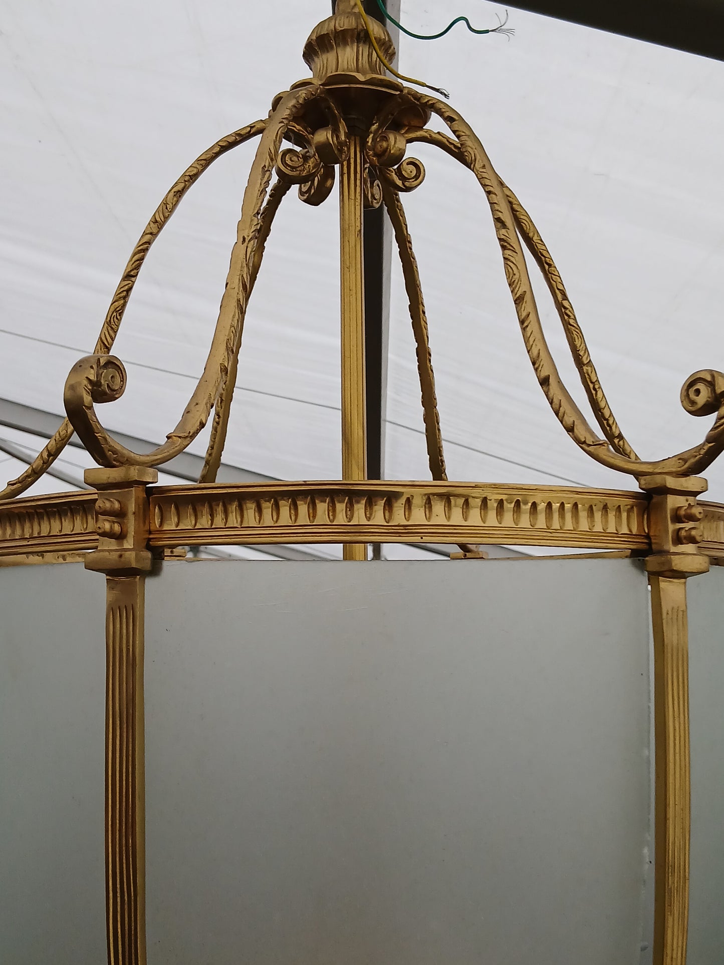 Antique French brass lantern with etched glass