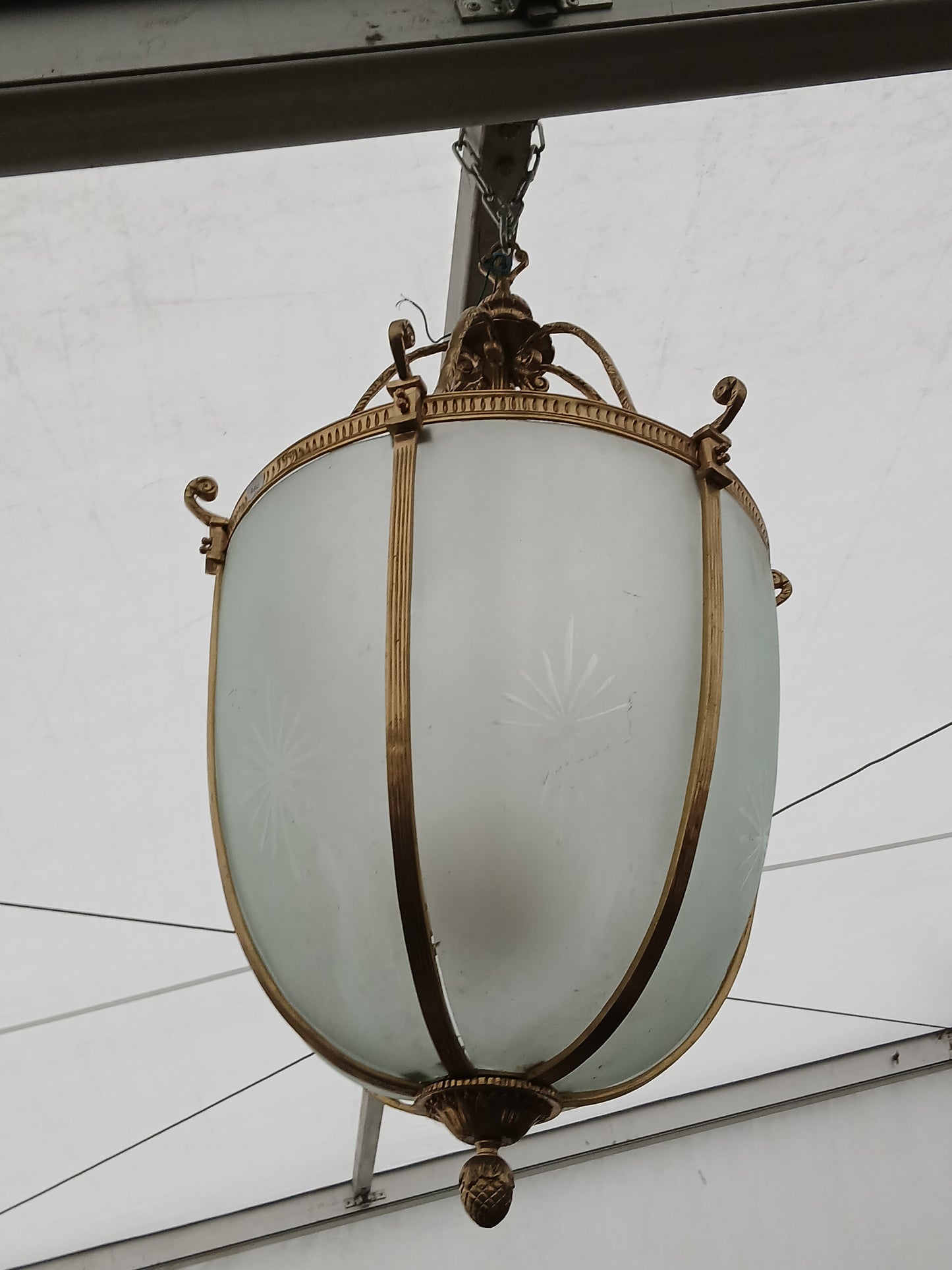 Antique French brass lantern with etched glass