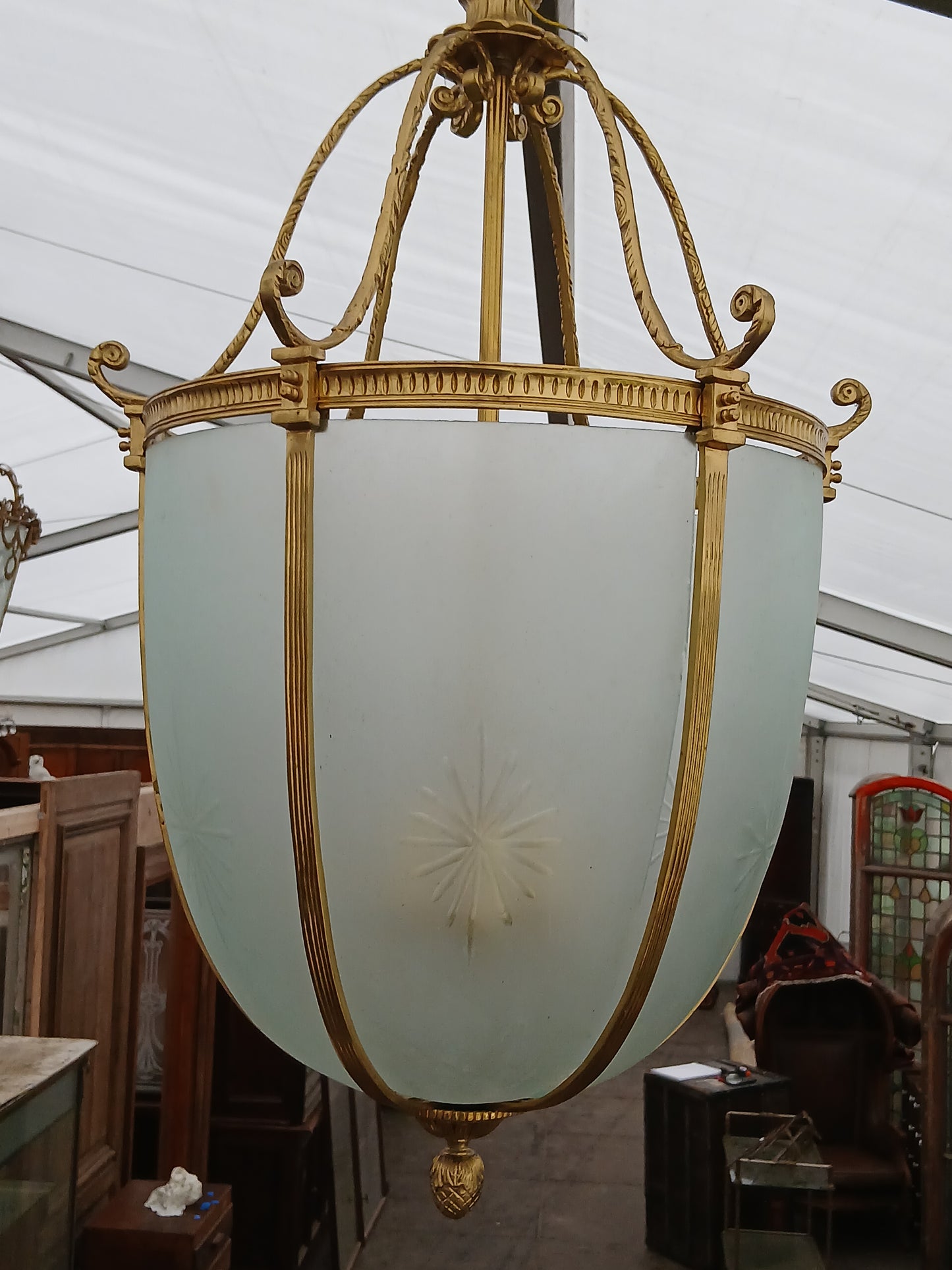 Antique French brass lantern with etched glass