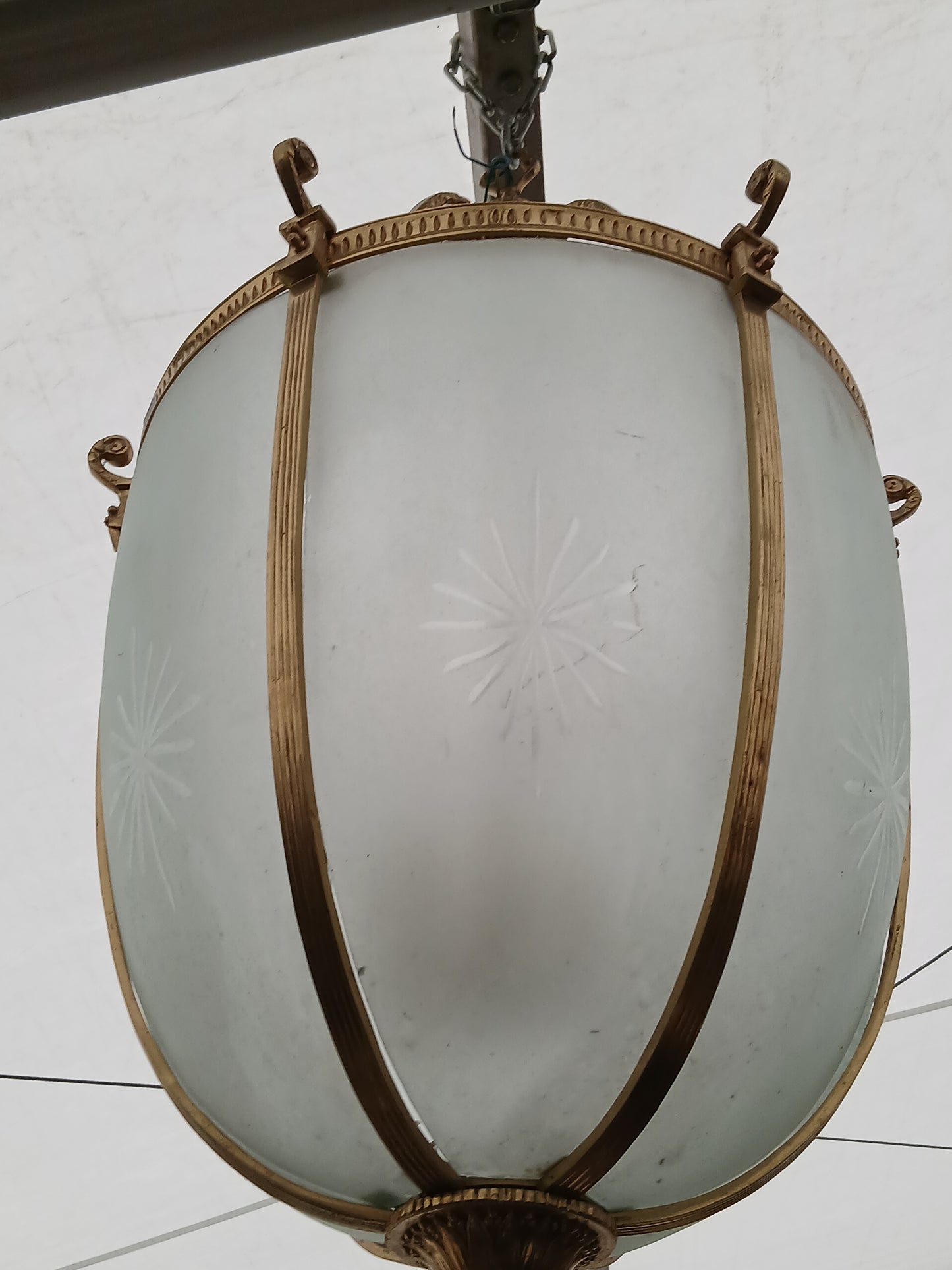 Antique French brass lantern with etched glass