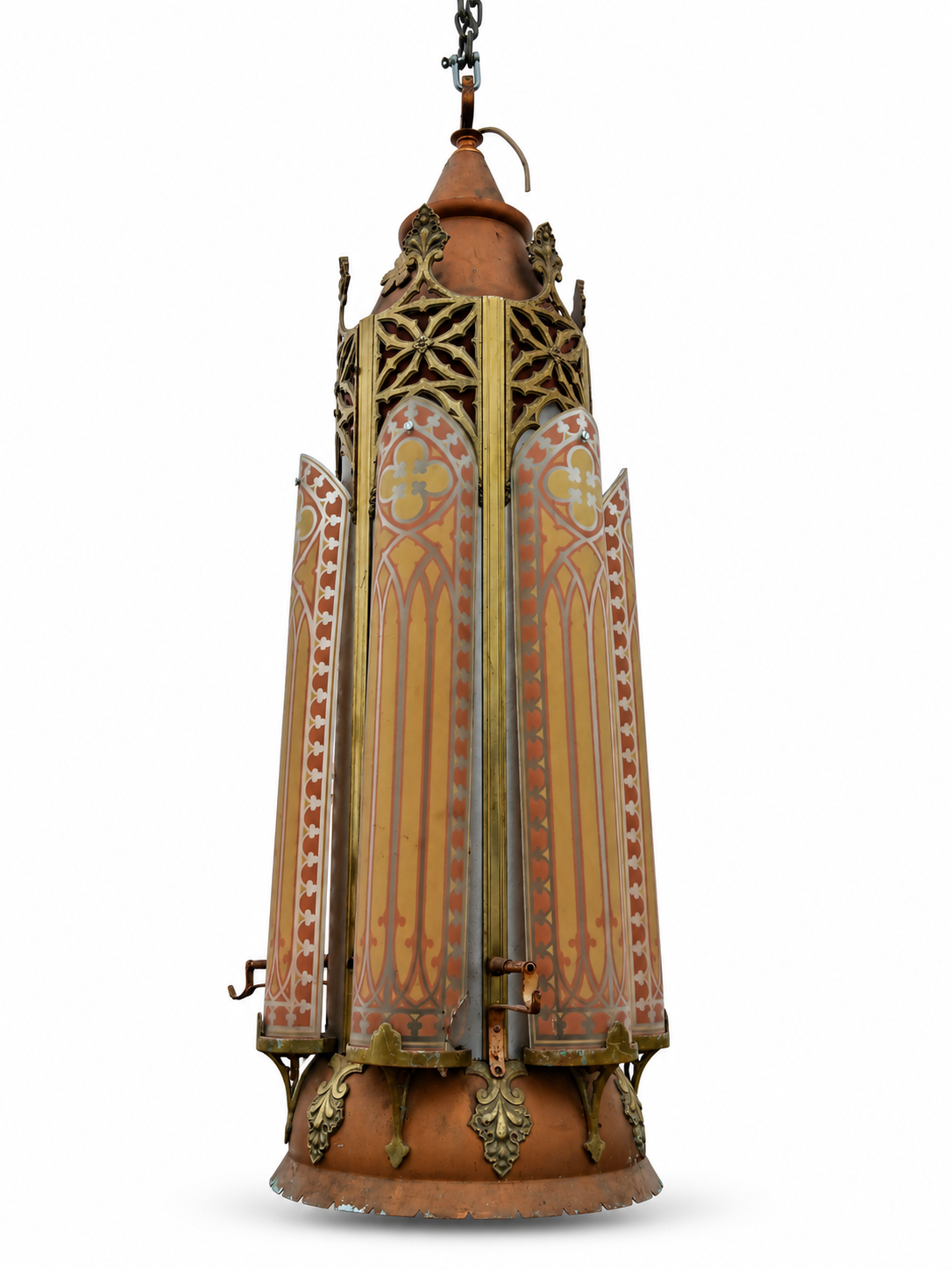 Gothic Revival Hanging Lantern with Bronze & Brass Fittings and Decorative Glass Panels