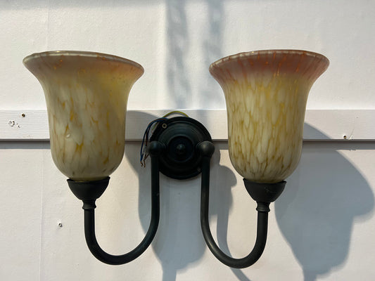 Antique brass  double wall light with amber frosted  shades