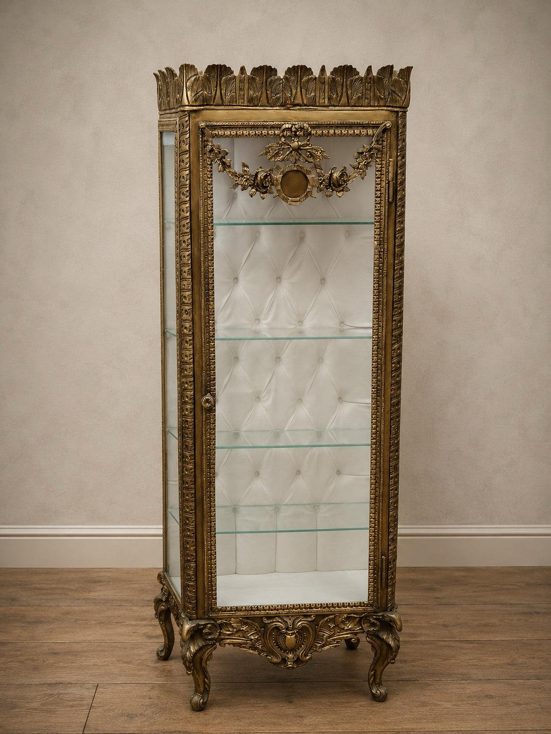 Baroque-Style Bronze Display Cabinet with Deep-Buttoned Interior