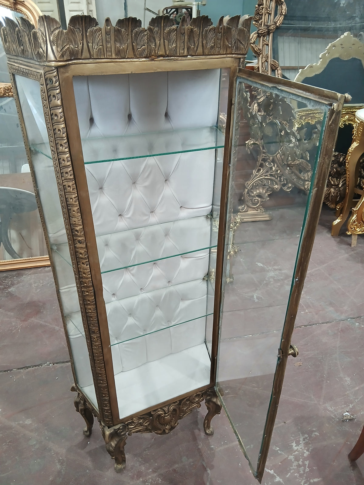 Baroque-Style Bronze Display Cabinet with Deep-Buttoned Interior