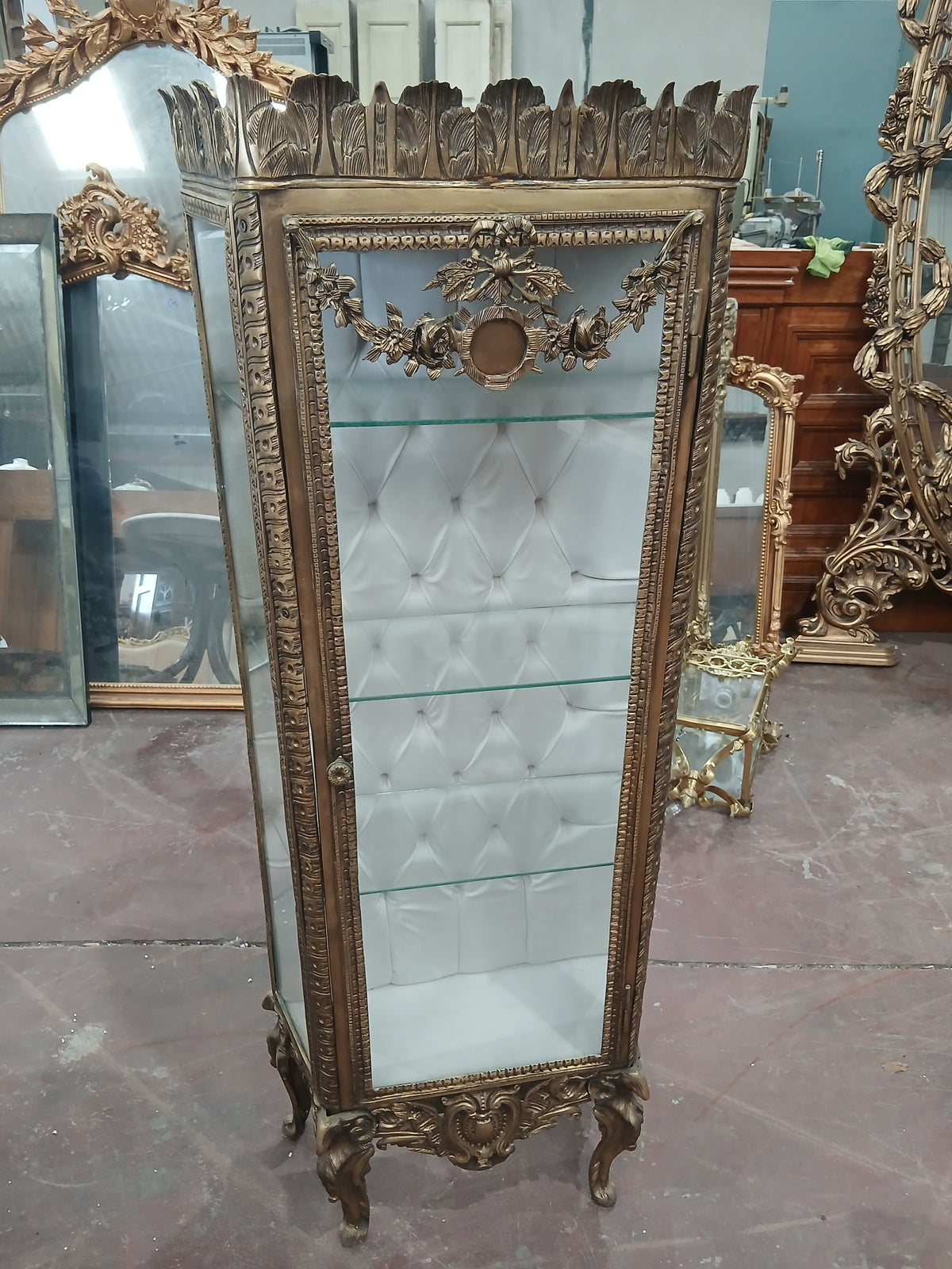 Baroque-Style Bronze Display Cabinet with Deep-Buttoned Interior