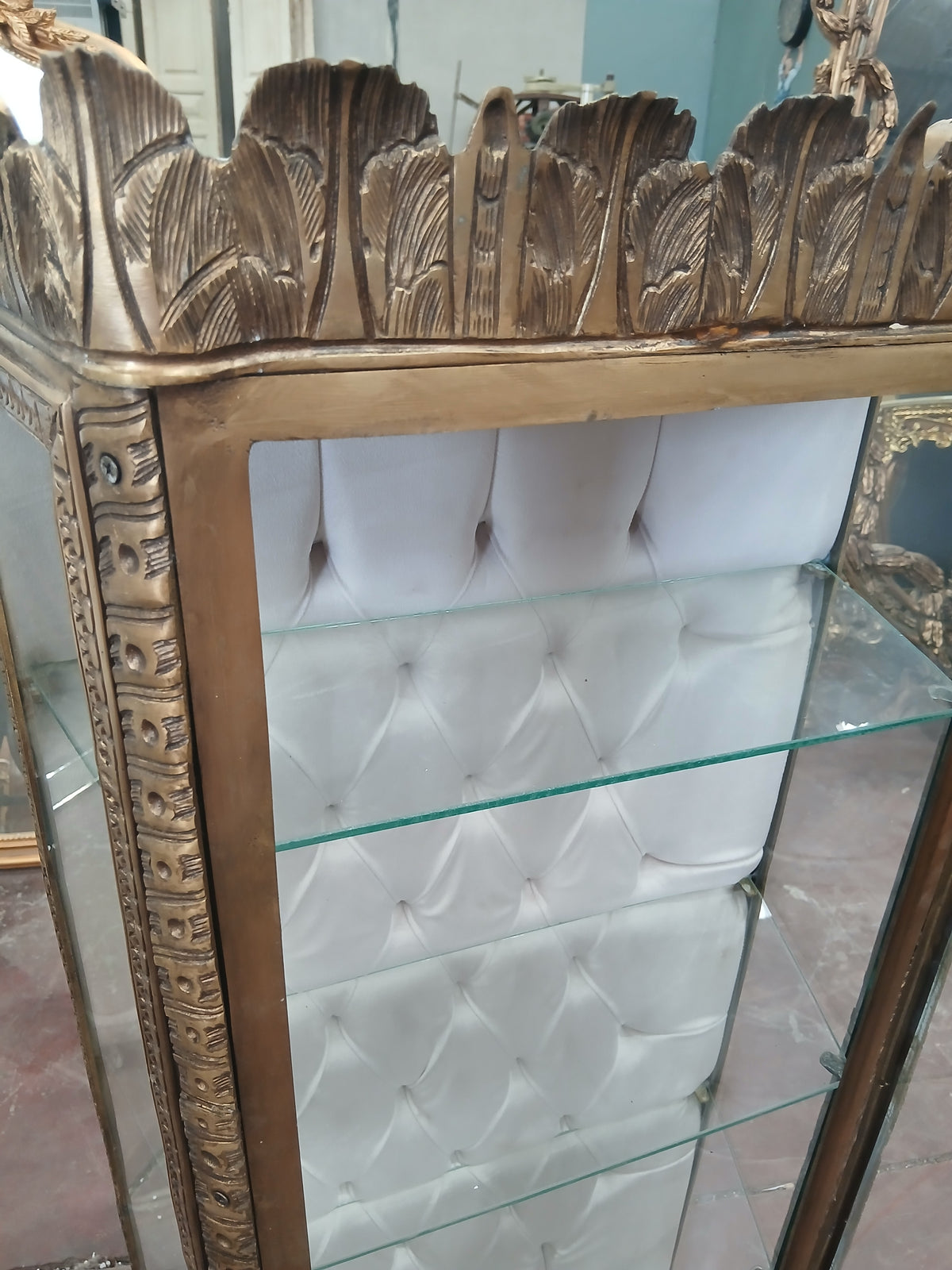 Baroque-Style Bronze Display Cabinet with Deep-Buttoned Interior