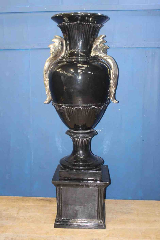 Black and silver handmade hand glazed Italian urn and base