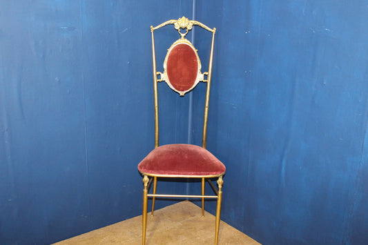 Brass hall chair with upholstered red crushed draylon seat and back