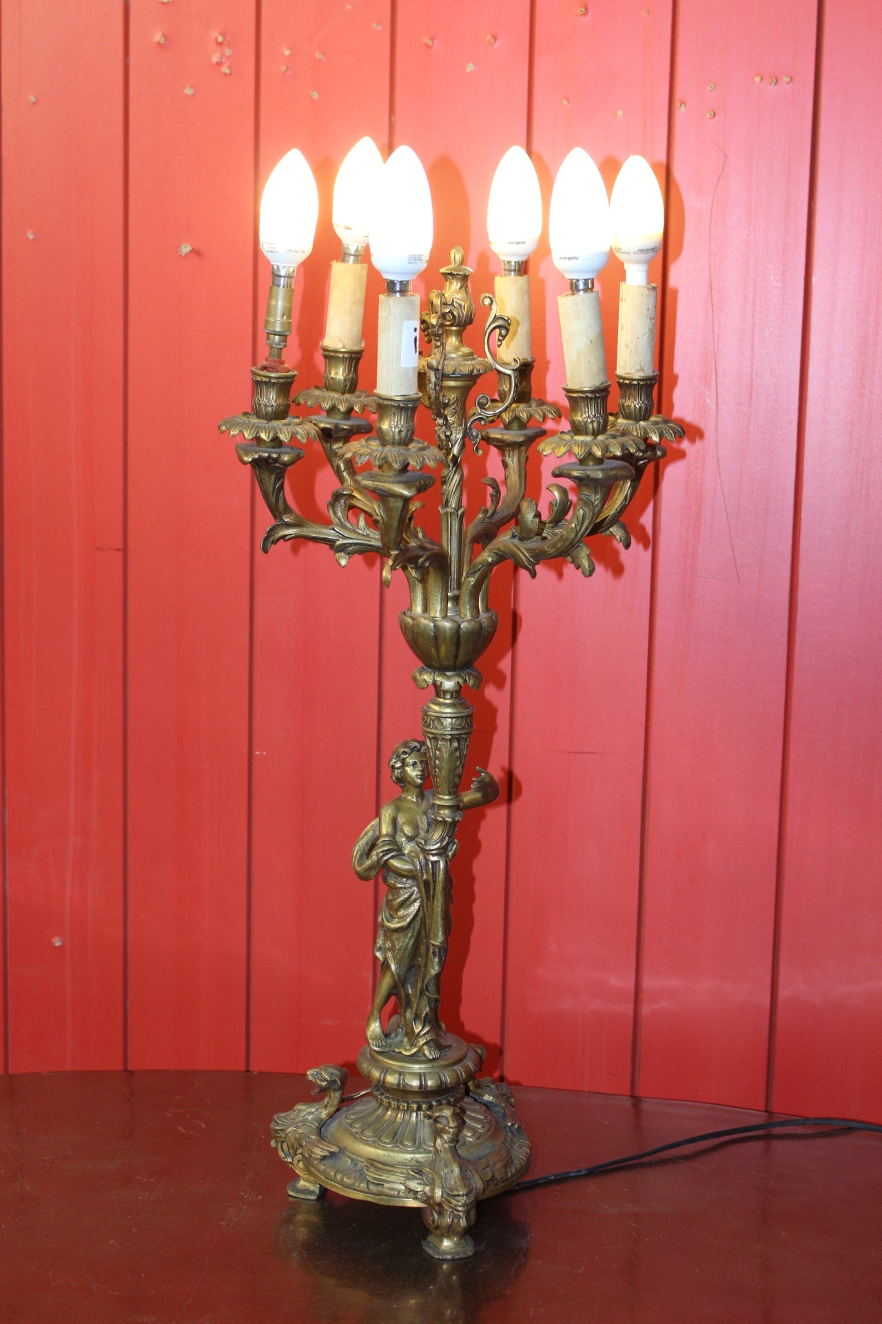 Brass six branch candelabra table lamp