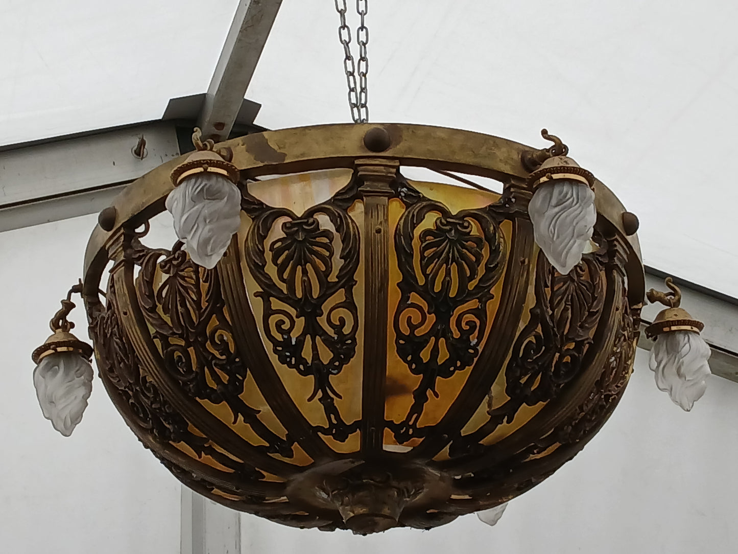 Bronze opaque centre light with 6 flame droplets