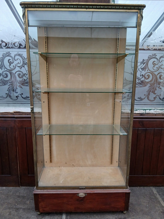Bronze Pastry French glazed shop display cabinet featuring a single lower drawer on bronze feet