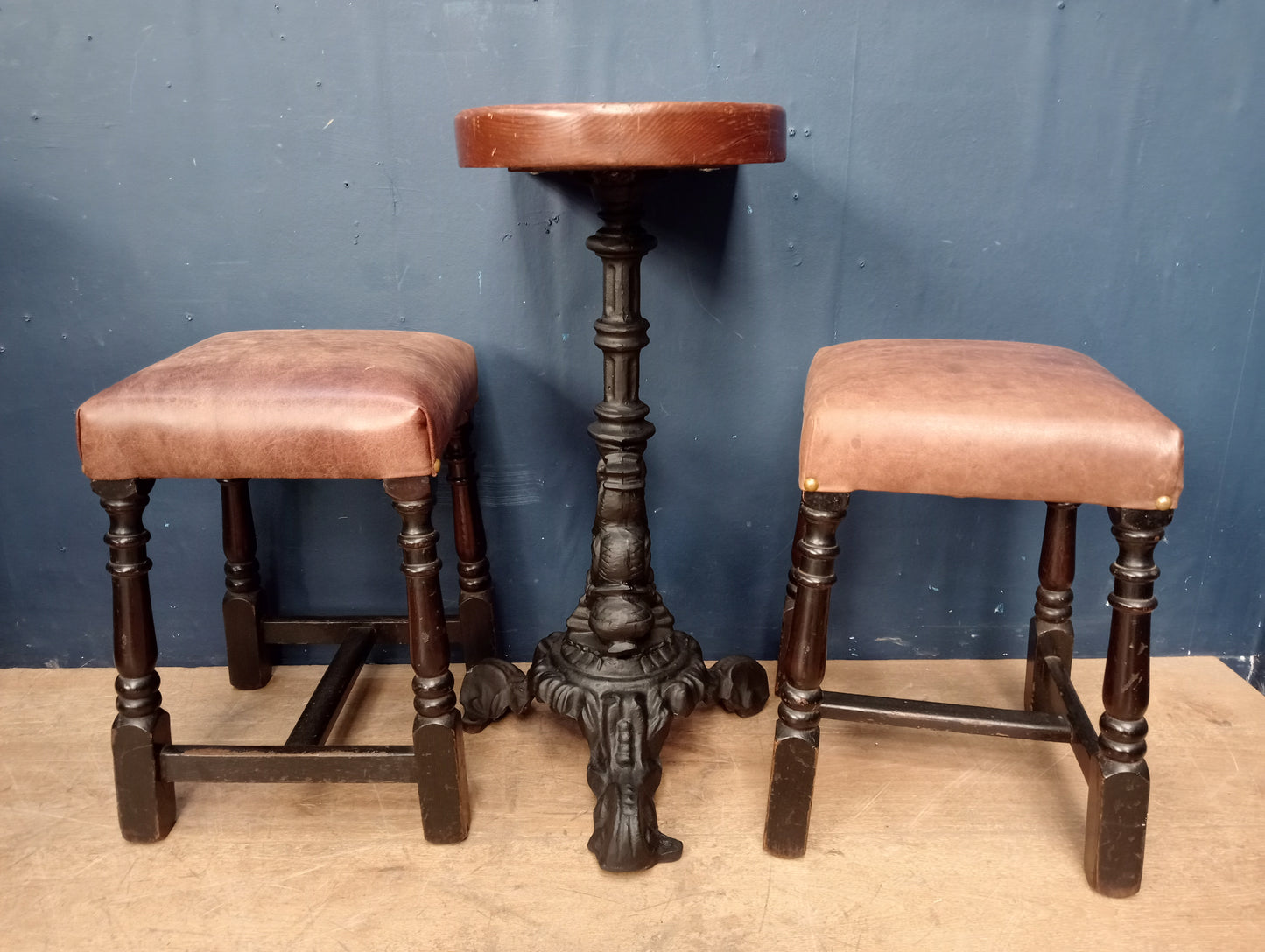 Cast iron dolphin pub table  D end solid top