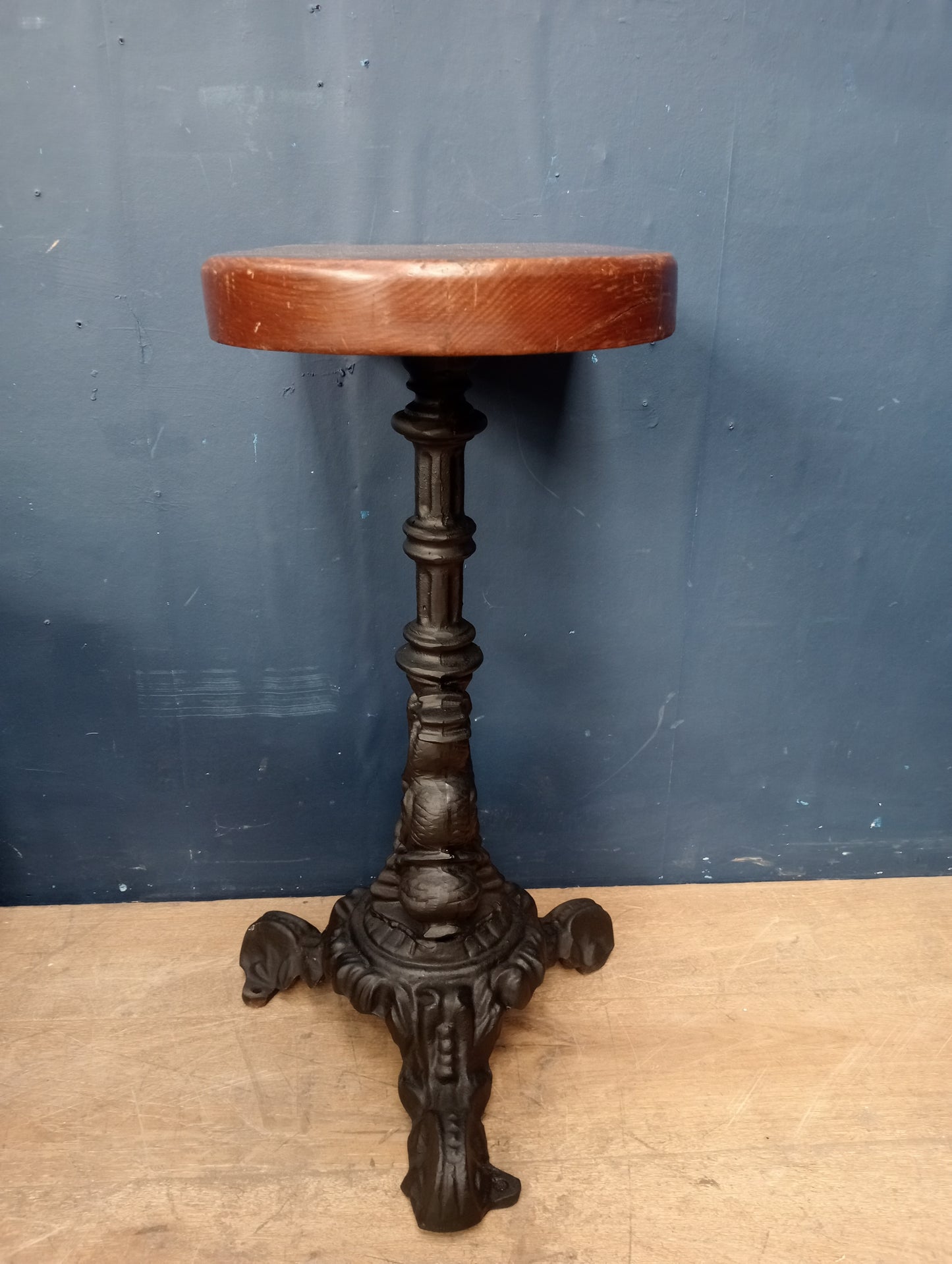 Cast iron dolphin pub table  D end solid top