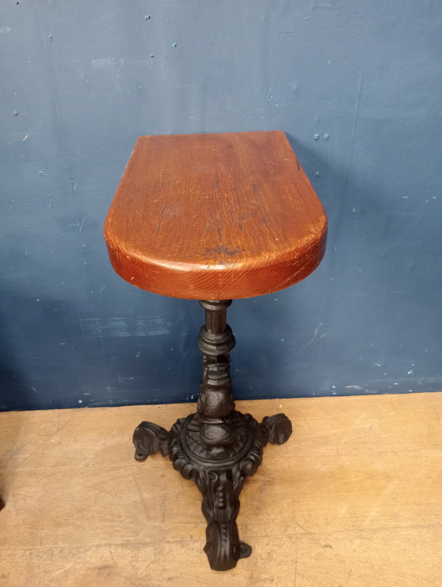 Cast iron dolphin pub table  D end solid top