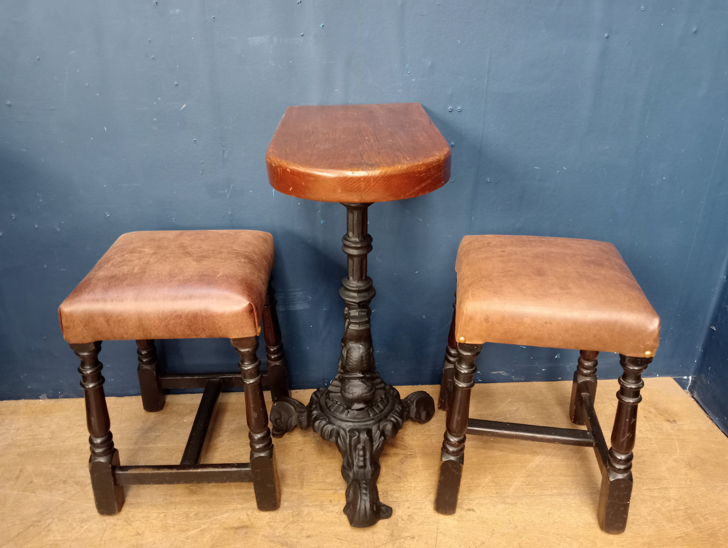 Cast iron dolphin pub table  D end solid top