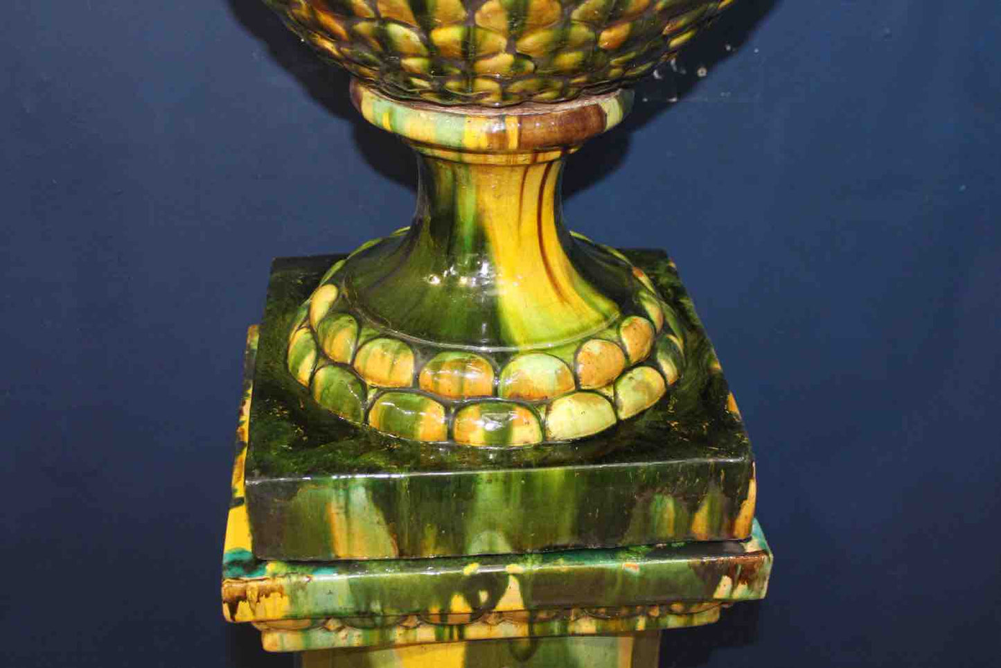 Ceramic handmade yellow and green glazed Italian urn  & pineapple style base