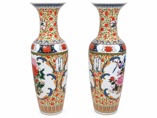 Pair of Large Oriental-Style Floral & Bird Decorated Floor Vases