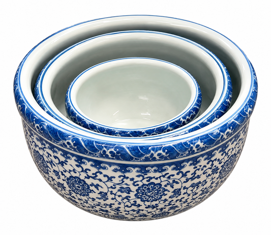 Set of Three Blue & White Ceramic Planters / Pots