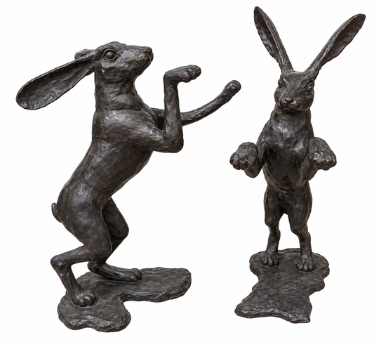 Pair of Bronze Boxing Hare Sculptures